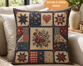 PRINT Patchwork Floral Pillow, Vintage 4th of July Cottagecore Quilt Cushion, Rustic Farmhouse Throw Pillow, USA Floral Decor Sofa Pillow