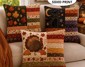 PRINT Patchwork Fall Pillow Set, Patchwork Autumn Pillow, Halloween Thanksgiving Throw Pillows, Farmhouse Cushion, Seasonal Home Decor Gift