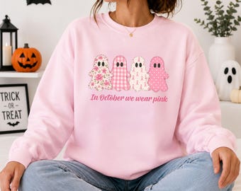 In October We Wear Pink Sweatshirt, Breast Cancer Awareness Ghost Shirt, Printed Cute Floral Ghost Halloween Crewneck Pink Coquette Fall Tee