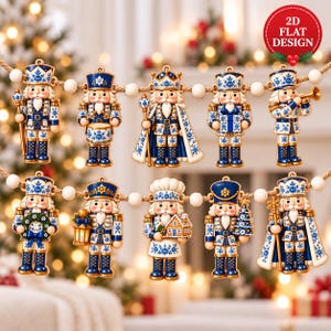 May include: A decorative garland featuring ten flat nutcracker ornaments in blue and white porcelain-style patterns. Each nutcracker holds different items like a drum, gift, trumpet, wreath, lantern, gingerbread house, or tree, strung together with wooden beads.
