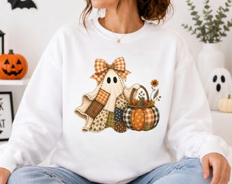 プリント入りキュートなハロウィンゴーストスウェットシャツ、コケットパッチワークゴーストシャツ、ヴィンテージ秋のパンプキンセーター、ボヘミアン風不気味な季節のシャツ、秋のTシャツ