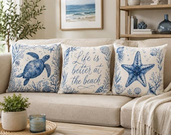 Coastal Throw Pillow Set Beach House Decor, Blue Sea Turtle Starfish Pillow Set, Ocean Nautical Cushion, Summer Living Room Decor