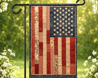 Patchwork American Flag Garden Flag, Printed Patriotic Yard Flag, Vintage Americana Fourth Of July Decor