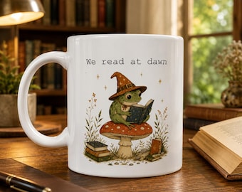 We Read At Dawn Accent Mug, Book Lover Coffee Mug, Witch Frog Mug, Booktok Reader Gift, Cottagecore Reading Cup, Fantasy Book Mug, Frog Cup