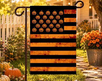 Halloween American Flag Garden Flag, Pumpkin Flag, Vintage Distressed Patriotic Yard Flag, Rustic Outdoor Halloween Decor, Fall Porch Flag