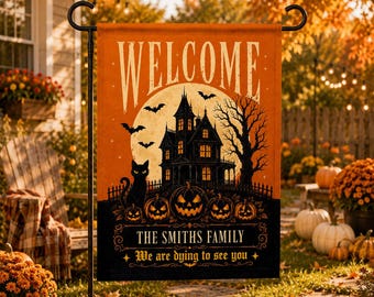 Personalized Halloween Garden Flag, Custom Family Name Welcome Flag, Halloween Castle Yard Decor, Black Cat Pumpkin Outdoor Flag Decor