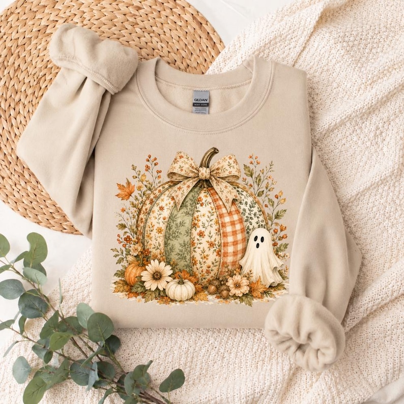 Sweat-shirt citrouille fantôme imprimé, t-shirt Halloween coquette, chemise citrouille à fleurs, t-shirt automne fantôme mignon, pull à capuche Halloween image 2