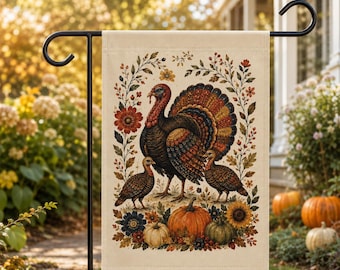 Thanksgiving Turkey Garden Flag, Vintage Turkey Fall Flag, Autumn Harvest Yard Flag, Farmhouse Decor, Pumpkin Floral Thanksgiving Porch Flag