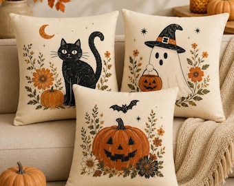 Halloween Throw Pillow Set, Ghost Cat Pumpkin Pillow, Farmhouse Halloween Pillow, Neutral Spooky Season Decor, Fall Cushion Sofa Decoration