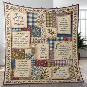 Manta cristiana acolchada, manta con versículos bíblicos, colcha de retazos florales estampada con motivos religiosos, manta con escrituras, regalo religioso para mujeres, decoración cristiana