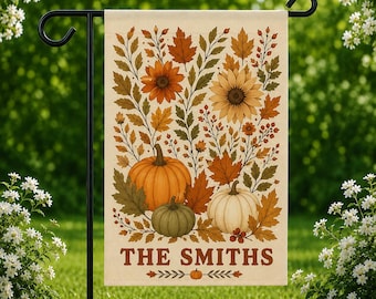 Personalized Fall Garden Flag, Custom Family Name Flag, Pumpkin Sunflower Autumn Yard Flag Customized Harvest Decor, Thanksgiving Porch Flag