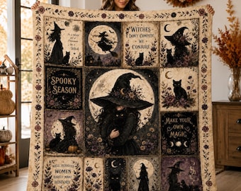 Couverture matelassée imprimée sorcière féministe, jeté d'Halloween chat noir, décoration gothique cottagecore