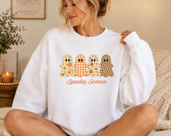 Spooky Season Sweatshirt, Cute Floral Ghost Shirt, Coquette Halloween Crewneck, Leopard Ghost Fall Sweatshirt, Pumpkin Gingham Shirt