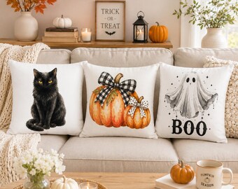 Halloween Pillow Set, Vintage Halloween Throw Pillow Covers, Black Cat Ghost Pumpkin Pillow Set, Farmhouse Fall Decor Cozy Spooky Home Decor
