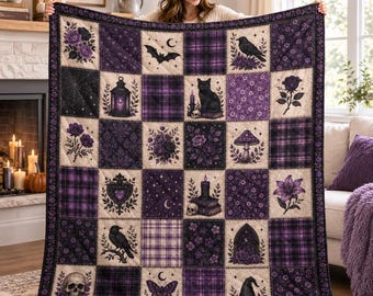 Couverture imprimée violette style gothique, couverture d'Halloween, plaid fleuri sorcière, couverture chat noir corbeau, décoration cottagecore sombre