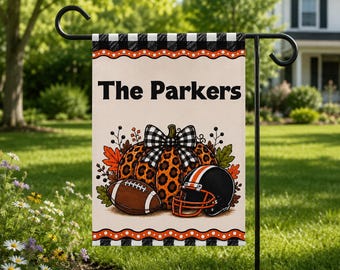 Personalized Football Fall Garden Flag, Custom Family Name Leopard Pumpkin Flag, Buffalo Plaid Autumn Porch Decor, Fall Season Yard Flag