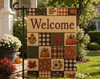 PRINT Fall Welcome Garden Flag, Printed Patchwork Pumpkin Decor, Farmhouse Autumn Outdoor Flag Buffalo Plaid Harvest Thanksgiving Porch Flag