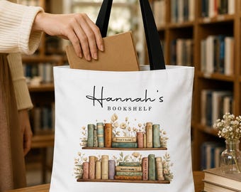 Personalized Bookshelf Tote Bag, Custom Book Lover Gift, Favorite Books Tote, Vintage Floral Library Bag, Custom Reader Gift, Bookish Tote