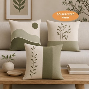 PRINT Sage Green Botanical Throw Pillow, Minimalist Farmhouse Sofa Cushion, Organic Living Room Decor