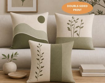 PRINT Sage Green Throw Pillow Set, Minimalist Botanical Pillow, Neutral Farmhouse Cushion, Modern Organic Home Decor Living Room Sofa Pillow