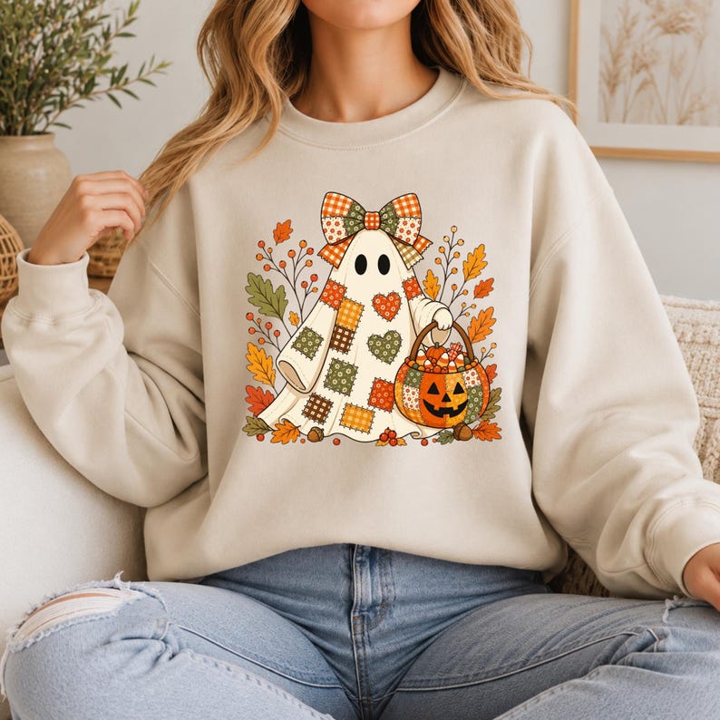 Printed Patchwork Ghost Sweatshirt, Halloween Ghost Shirt, Coquette Ghost Crewneck Sweater, Pumpkin Basket Ghost Hoodie Fall Patchwork Ghost image 4