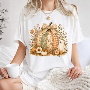 Sweat-shirt citrouille fantôme imprimé, t-shirt Halloween coquette, chemise citrouille à fleurs, t-shirt automne fantôme mignon, pull à capuche Halloween image 5