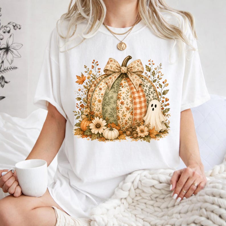 Sweat-shirt citrouille fantôme imprimé, t-shirt Halloween coquette, chemise citrouille à fleurs, t-shirt automne fantôme mignon, pull à capuche Halloween image 5
