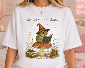 We Read At Dawn Shirt, Book Lover Frog Tee, Witch Frog Reading Shirt, Cottagecore Bookish Graphic Tee, Book Reader Gift Fantasy Reader Shirt