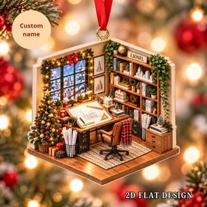 May include: A miniature 3D Christmas ornament featuring a detailed home office scene with a drafting table, a brown office chair, a decorated Christmas tree, and bookshelves. The shelves include a sign reading LIONEL and the text Custom name.