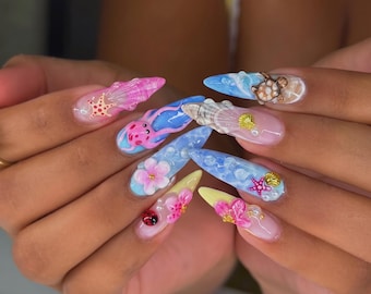 3D Sea Turtle & Seashell Press On Nails | Pink Blue Coastal Stiletto Fake Nails | Whimsical Beach Critter Mismatched Nail Art