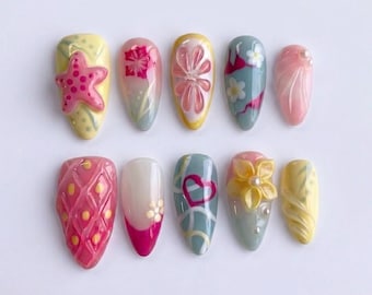3D Tropical Flower & Starfish Press On Nails | Summer Vacation Mismatched Fake Nails in Almond | Beach Pink Pineapple Art
