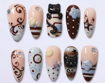 3D Tuxedo Black Cat Press On Nails | Cute Kawaii Chocolate Cafe Fake Nails | Sweet Blue Flower Ribbon Bow Mismatched Coquette Art