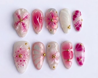 3D Pink Jelly Flower & Butterfly Wing Press On Nails | Y2K Coquette Fairycore Fake Nails in Almond | Petal Pop Mismatched Art