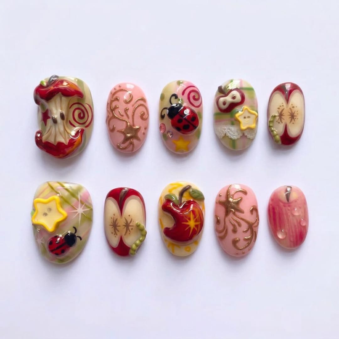 3D Apple Core & Ladybug Press on Nails | Cute Kawaii Cottagecore Plaid ...