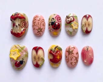 3D Apple Core & Ladybug Press On Nails | Cute Kawaii Cottagecore Plaid Fake Nails in Oval | Whimsical Orchard Mismatched Pop Art