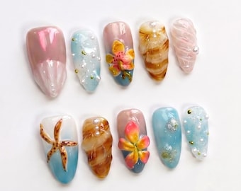 3D Seashell & Starfish Tropical Press On Nails | Mermaidcore Ocean Fake Nails in Almond | Beach Summer Plumeria Art