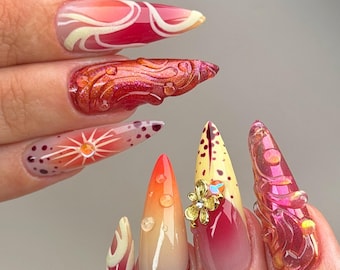 Sunset Aura Press On Nails With 3D Swirl, Gold Flower, Gem | Long Stiletto Pink Orange Fake Nails | Luxury Handmade Nail Art For Party Gift