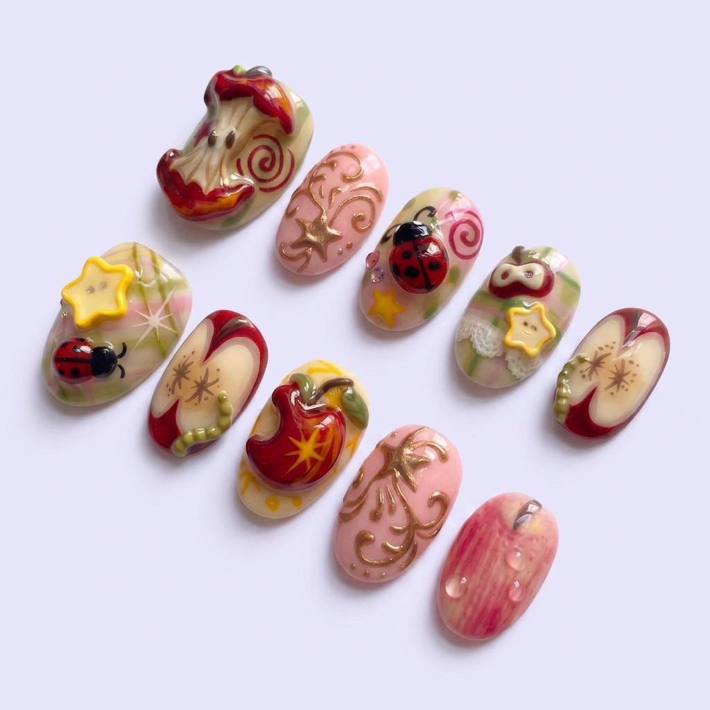 3D Apple Core & Ladybug Press on Nails | Cute Kawaii Cottagecore Plaid ...