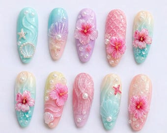 3D Hibiscus & Seashell Press On Nails | Luxury Mermaidcore Fake Nails in Almond | Pastel Ombre Summer Vacation Pearl Art