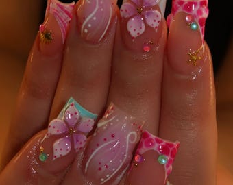 Tropical Y2K Press On Nails With 3D Flower And Animal Print | Long Square Fake Nails | Vibrant Handmade Nail Art For Summer And Beach