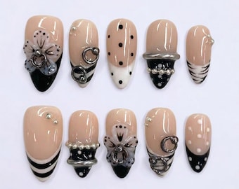 3D Flower & Silver Chrome Pierced Press On Nails | Monochrome Y2K Grunge Fake Nails in Almond | Edgy Mismatched Art