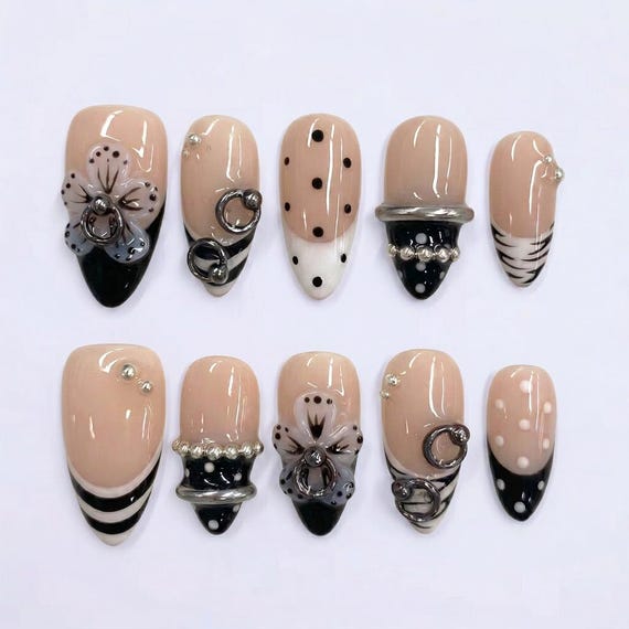 3D Flower & Silver Chrome Pierced Press On Nails | Monochrome Y2K Grunge Fake Nails in Almond | Edgy Mismatched Art