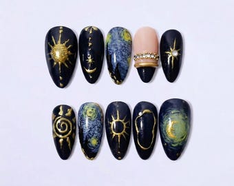 3D Gold Celestial Starburst & Moon Press On Nails | Luxury Van Gogh Starry Night Fake Nails Almond | Witchy Gothic Mismatched Astrology Art