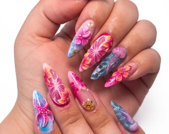 3D Starfish & Hibiscus Press On Nails | Pink Blue Stiletto Fake Nails | Tropical Ocean Mermaidcore Mismatched Luxury Summer Nail Art