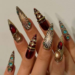 Royal Amber Press On Nails With Gold Bezel, Ruby Gem And Zebra | Long Stiletto Chrome Fake Nails | Luxury Handmade Nail Art For Fall Party