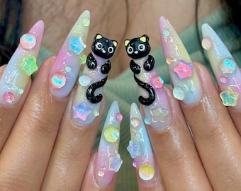 Pastel Cat Press On Nails With 3D Kitty, Star And Jelly Gem | Long Stiletto Rainbow Fake Nails | Kawaii Handmade Nail Art For Party Or Gift