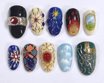 Mismatched Howl's Umzugsschloss Drücken Sie auf die Nägel mit Calcifer & 3D Gem | Anime Fake Nägel in Kurz Oval | Magische Fantasy Kunst