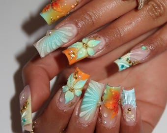 Uñas postizas 3D con flor de hibisco y concha marina / Uñas postizas tropicales de lujo con diseño de océano en forma cuadrada larga / Arte playero caprichoso con puesta de sol estilo Y2K