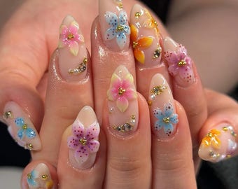 3D Pastel Flower Press On Nails | Luxury Fairycore Floral Fake Nails in Almond | Elegant Bridal Wedding Mismatched Pearl Art
