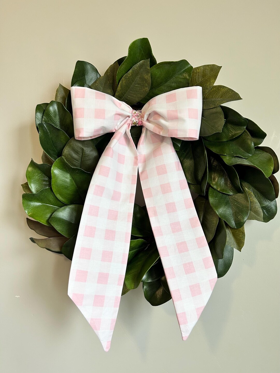 Pink Gingham Floral Fabric Bow, Spring Wreath Home Decor, Nursery ...